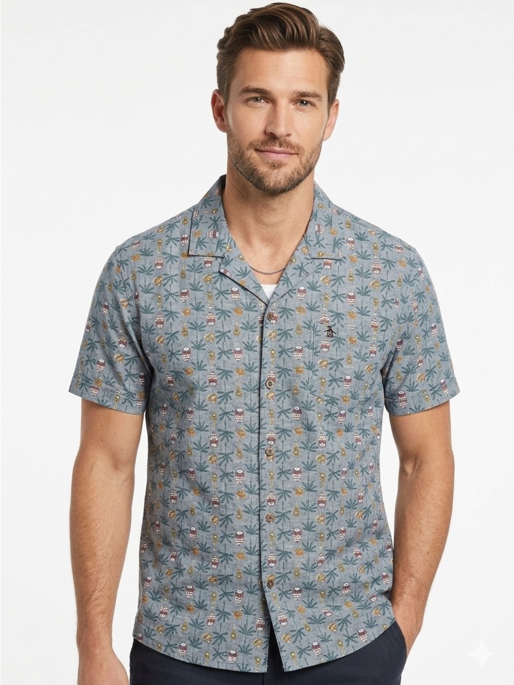 Original Penguin Men's Heritage Slim Fit Short Sleeve Palm Tree Shirt XL 1872